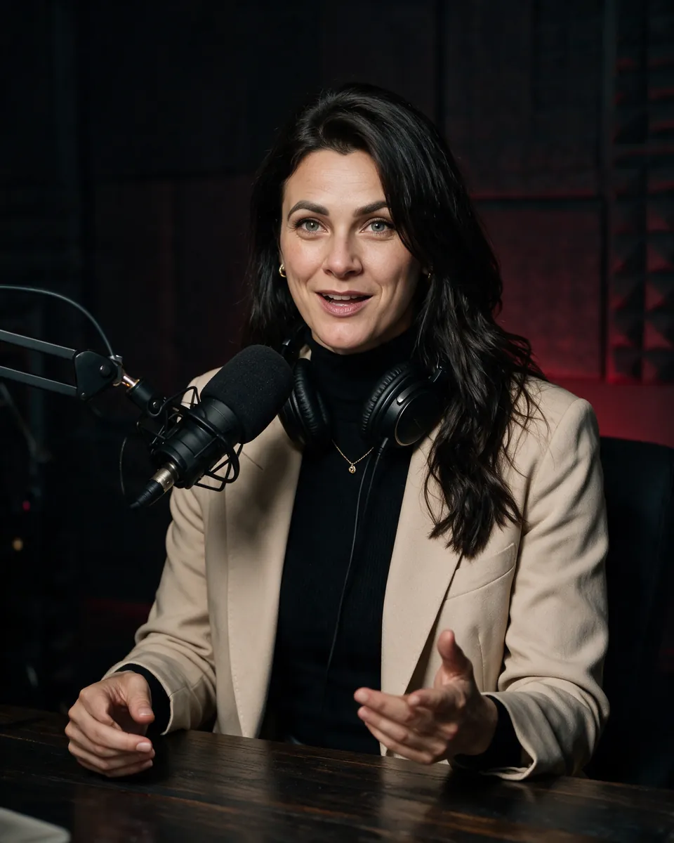 Nicolett Menge mit Kopfhörern am Mikrofon im Podcast-Studio